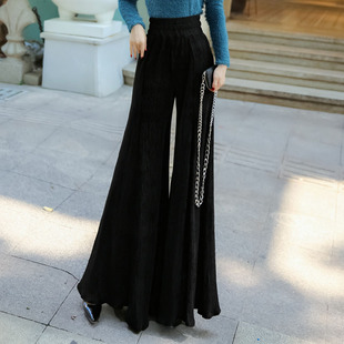 子时尚 垂感黑色百褶大喇叭大阔腿裤 新款 压褶长裤 甩裤 下垂宽腿女裤