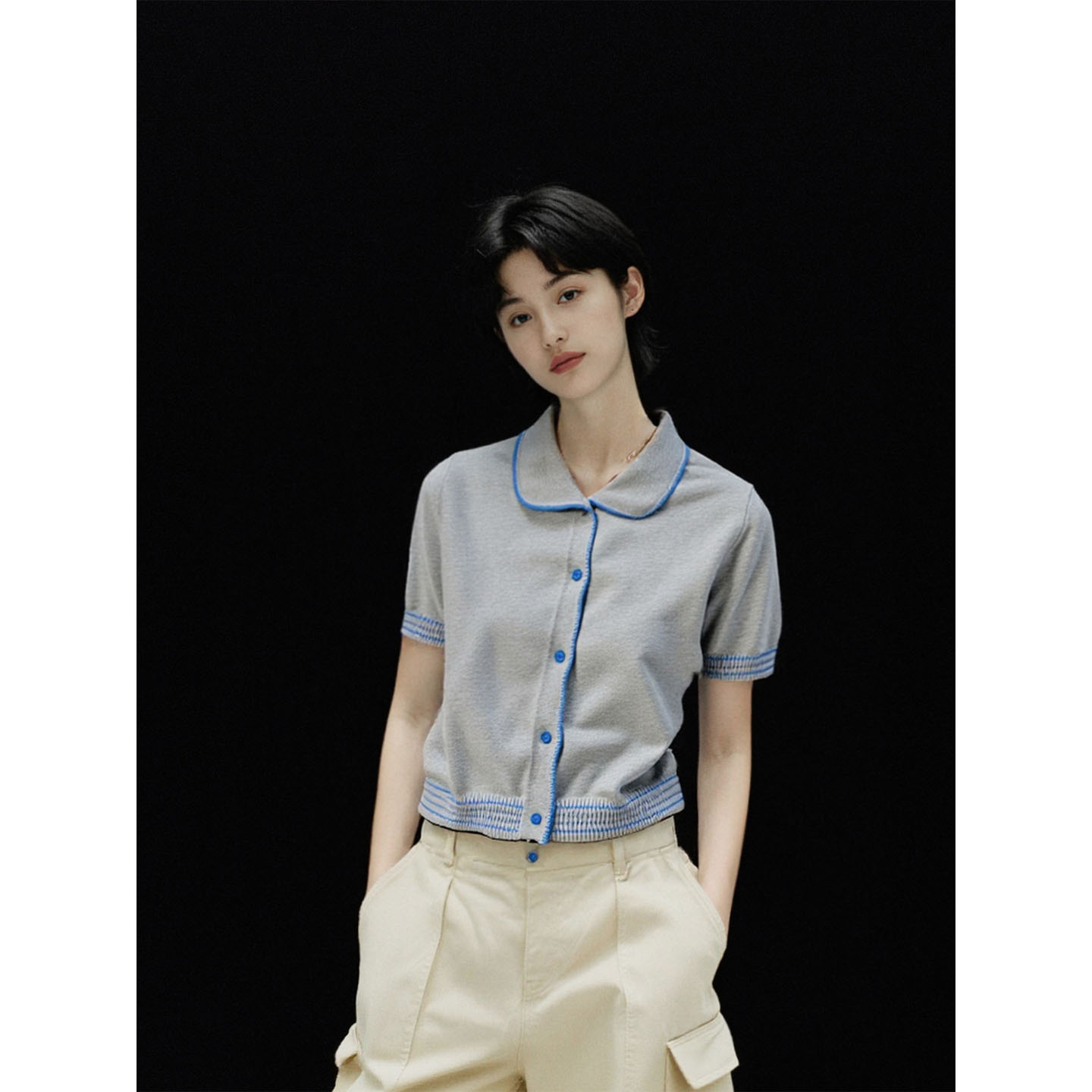 高级感原创灰蓝撞色polo翻领针织开衫女夏季新款正肩短款短袖上衣