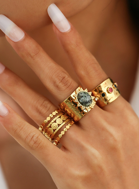 3件套松石镶钻镂空花型戒指套装 欧美潮嘻哈时尚小众设计叠戴指环