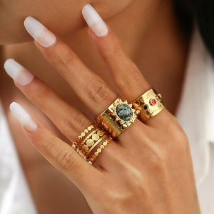 3件套松石镶钻镂空花型戒指套装 欧美潮嘻哈时尚小众设计叠戴指环