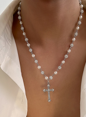 男款十字架钻球仿珍珠项链 欧美2026新潮时尚个性小众设计锁骨链
