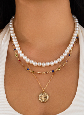 3件套圆形太阳仿珍珠水晶链项链套装 欧美新潮时尚个性叠戴锁骨链