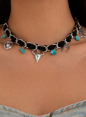 流苏牛仔帽靴子仿松石绒绳项链女欧美复古个性网红搭配服装配饰品