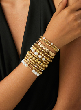 12件套仿珍珠CCB手链套装 欧美2025冬季新潮时尚嘻哈个性叠戴饰品