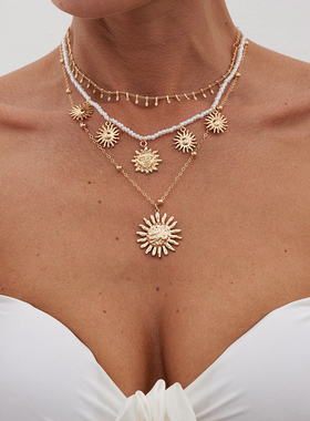 3件套太阳花仿珍珠项链套装 欧美夏季新潮时尚百搭网红旅拍锁骨链