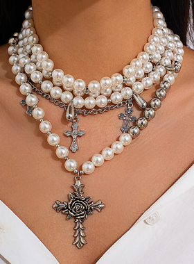 3件套玫瑰花十字架CCB仿珍珠项链套装 欧美潮流嘻哈个性锁骨链酷