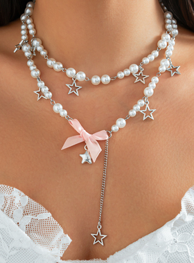 2件套仿珍珠五角星项链套装 2026春夏时尚甜美可爱气质叠戴颈链潮