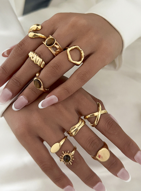 10件套树镶嵌脂宝石戒指套装 欧美复古时尚个性小众网红搭配饰品