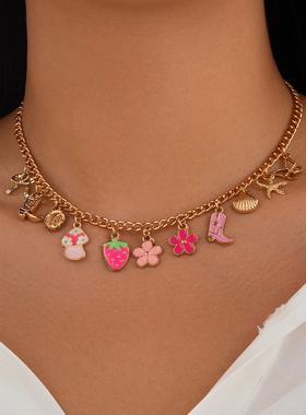 滴油草莓蘑菇靴子吊坠项链女 夏季甜美可爱气质网红ins锁骨链潮人
