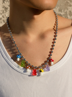 蘑菇亚克力透明小熊珠子链项链男女 欧美ins嘻哈街头hiphop饰品