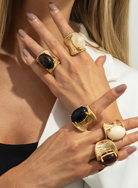 树脂椭圆形宝石开口戒指女 新潮夸张嘻哈时尚模特T台走秀搭配饰品