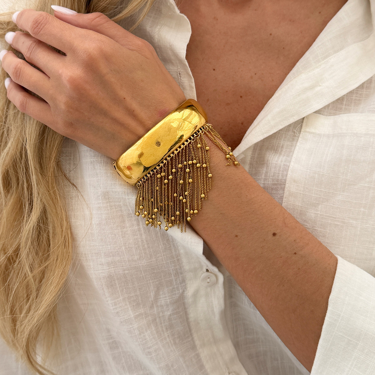 流苏珠子链椭圆弹簧式手镯女2026春夏新潮夸张时尚舞台表演配饰品