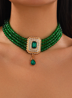 方形镶钻亚克力珠子多层项链女 轻奢时尚宽版大气网红潮流锁骨链