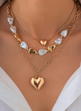 3件套桃心CCB珠项链套装 欧美2025夏季性感时尚叠戴多层锁骨链潮