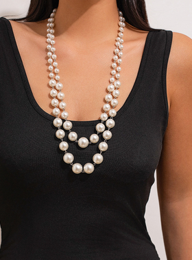 2件套渐变大小仿珍珠项链套装 新潮时尚嘻哈个性网红搭配服装饰品