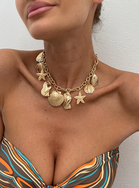 金属海星扇贝十字链项链女欧美新潮嘻哈时尚网红海边旅行度假颈链