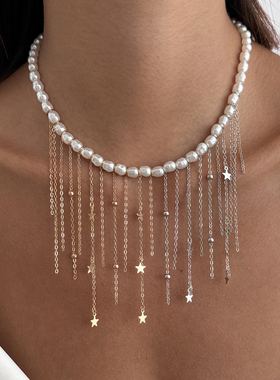 仿珍珠链条流苏项链女 欧美2026夏季性感时尚网红户外拍照锁骨链
