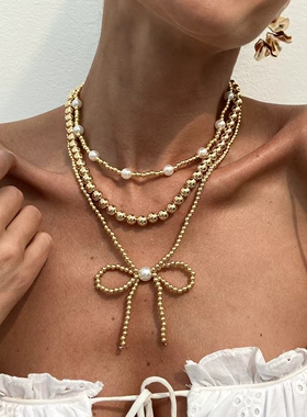 3件套蝴蝶结CCB珠子项链套装欧美时尚简约网红气质百搭叠戴锁骨链