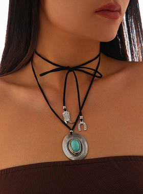 仿松石牛仔帽靴子绒绳项链女 欧美复古个性网红旅行度假搭配饰品