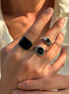 男款3件套黑色滴油戒指套装 欧美复古个性时尚网红街拍指环组合