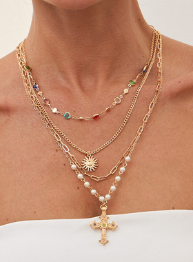 4件套十字架水晶链密链项链套装 欧美时尚百搭网红气质叠戴锁骨链