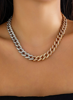 拼接混色古巴链嘻哈锁骨项链