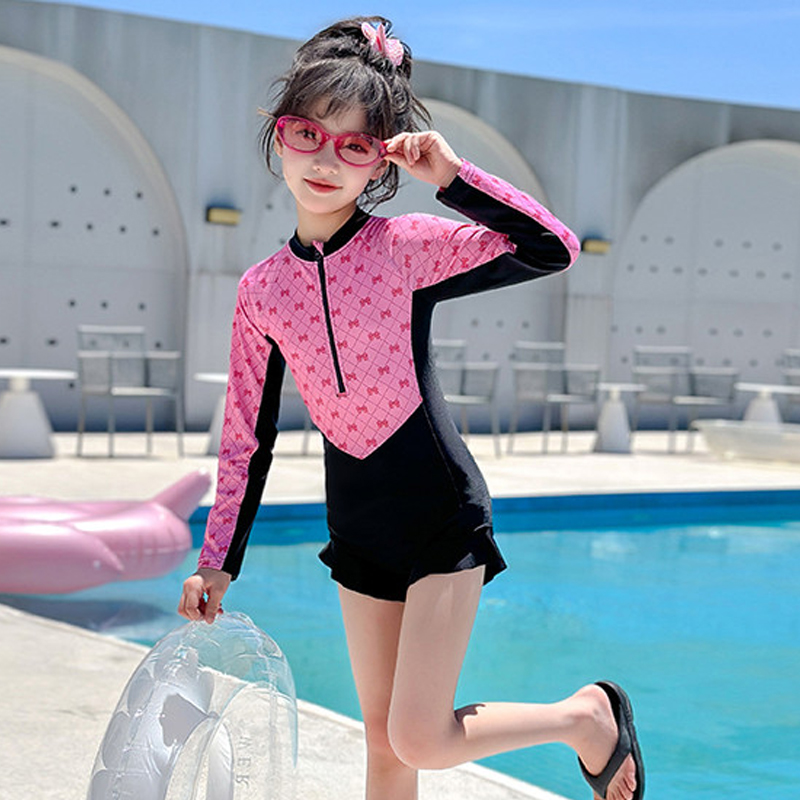 女童长袖泳衣夏季防晒连体泳装
