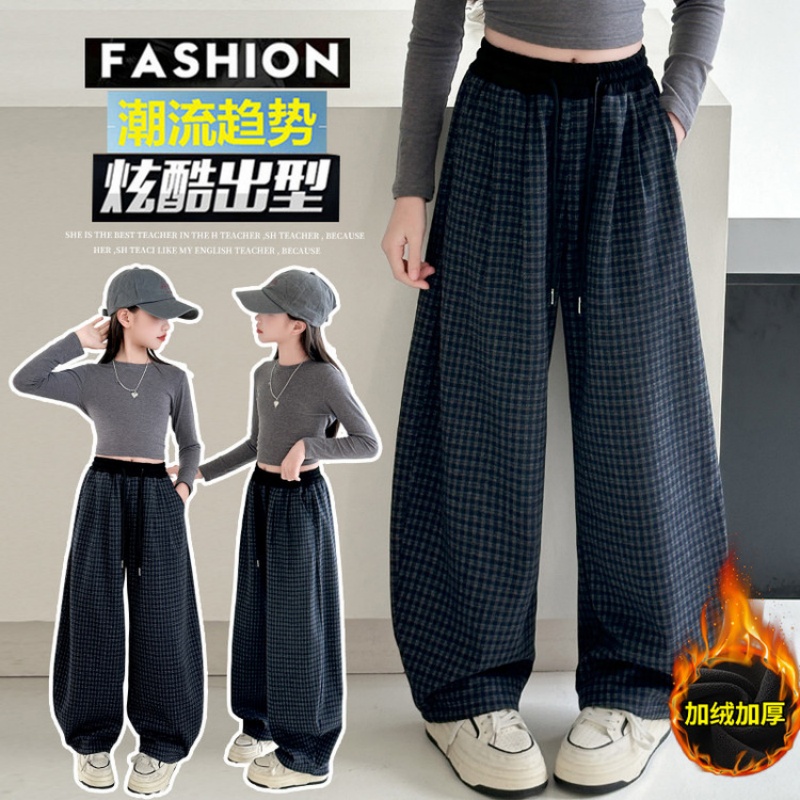 女童弯刀裤加绒冬季格子保暖裤子