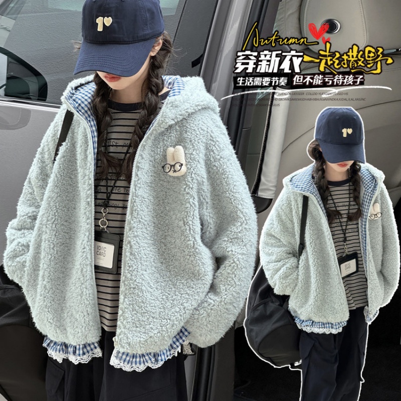 女童夹棉外套秋冬装连帽韩系上衣