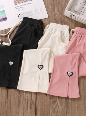 女童喇叭裤2025新款夏季开叉网红洋气粉黑色冰丝儿童薄款百搭裤子