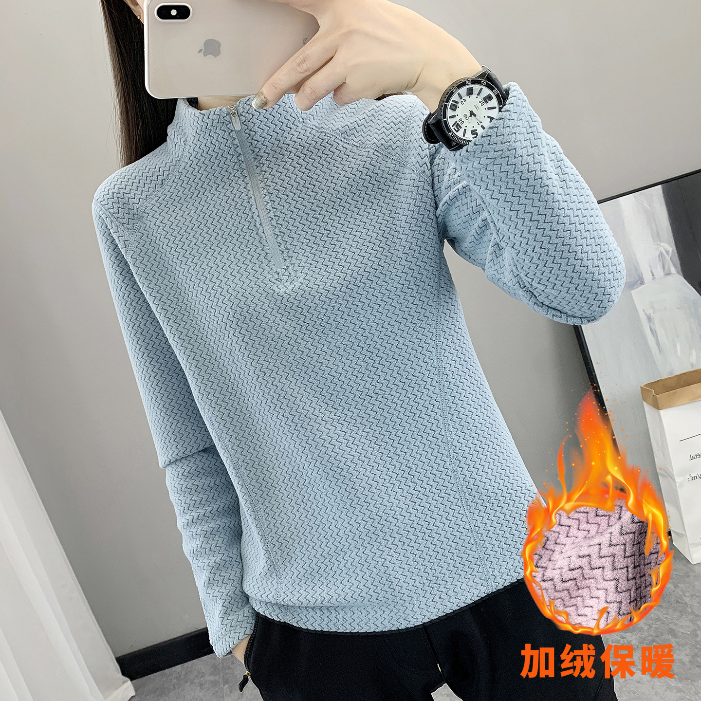 摇粒绒抓绒衣女半开襟套头立领套头保暖秋冬季打底衫户外运动卫衣