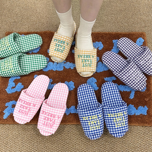 木地板待客家居 静音软底居家拖四季 2026新款 复古格纹棉麻拖鞋