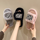 外贸新款 跨境 居家大脚开口外穿棉拖鞋 魔术贴毛毛拖鞋 女秋冬时尚