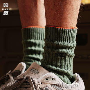秋冬粗线粗针工业风堆堆中筒袜男绿色个性 刺绣高帮长袜潮牌运动袜