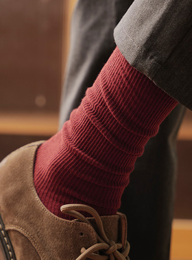 安克拉红袜子男款夏薄款高帮长袜纯棉双针中筒西装皮鞋商务中筒袜