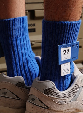 日系布标个性小众潮袜男士粗线粗针织堆堆中筒袜潮牌工装蓝色长袜