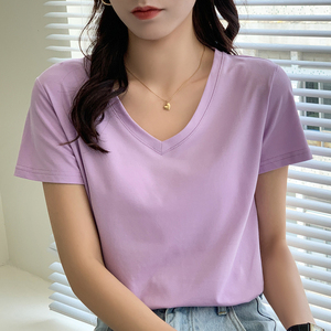 RM7935#后包领珠地棉透气纯色白色t恤女短袖2023年新款V领内搭半袖夏上衣
