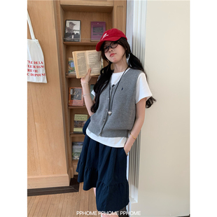 韩版秋冬新款战马刺绣毛衣背心女百搭简约V领针织衫薄款马甲上衣