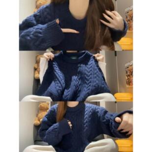 韩系慵懒风圆领套头毛衣女秋冬麻花宽松高级感加厚可外穿针织上衣