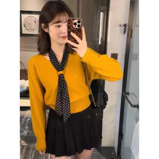 法式V领波点丝巾系带橘色打底毛衣女秋冬季内搭可外穿针织衫上衣
