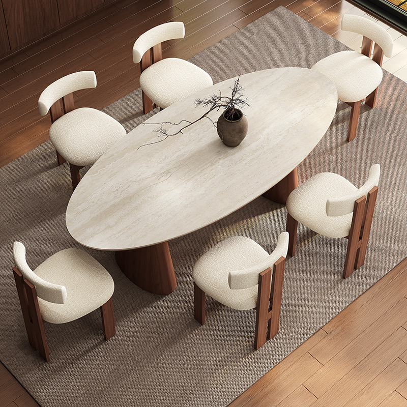 法式中古风椭圆形洞石岩板餐桌胡桃色白蜡木实木家用复古原木桌椅