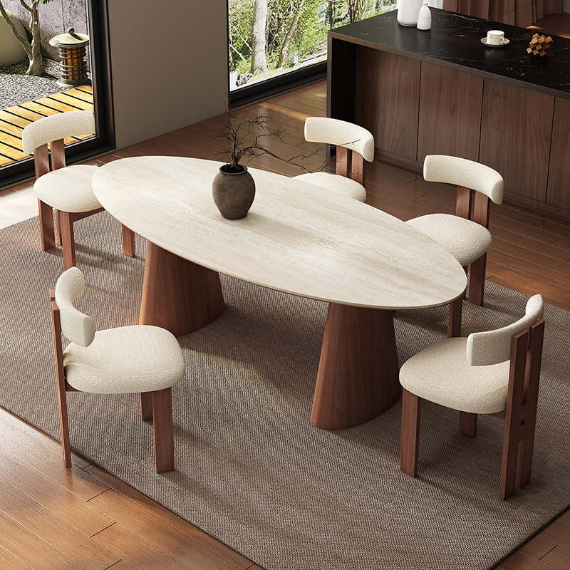 米白洞石水滴形岩板餐桌椅法式中古风黑胡桃色实木大小户型家用桌
