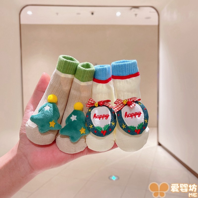 新生儿袜子春秋纯棉婴儿袜宝宝圣诞袜可爱0-3月1岁秋冬中筒袜