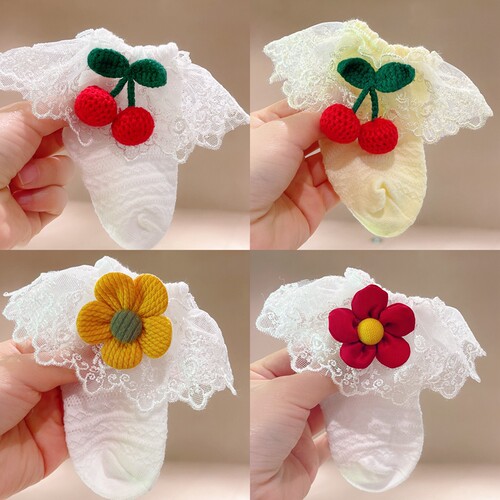 女宝宝袜子夏季超薄款樱桃蕾丝袜
