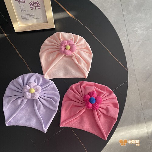 婴儿帽子春秋纯棉可爱花朵套头帽