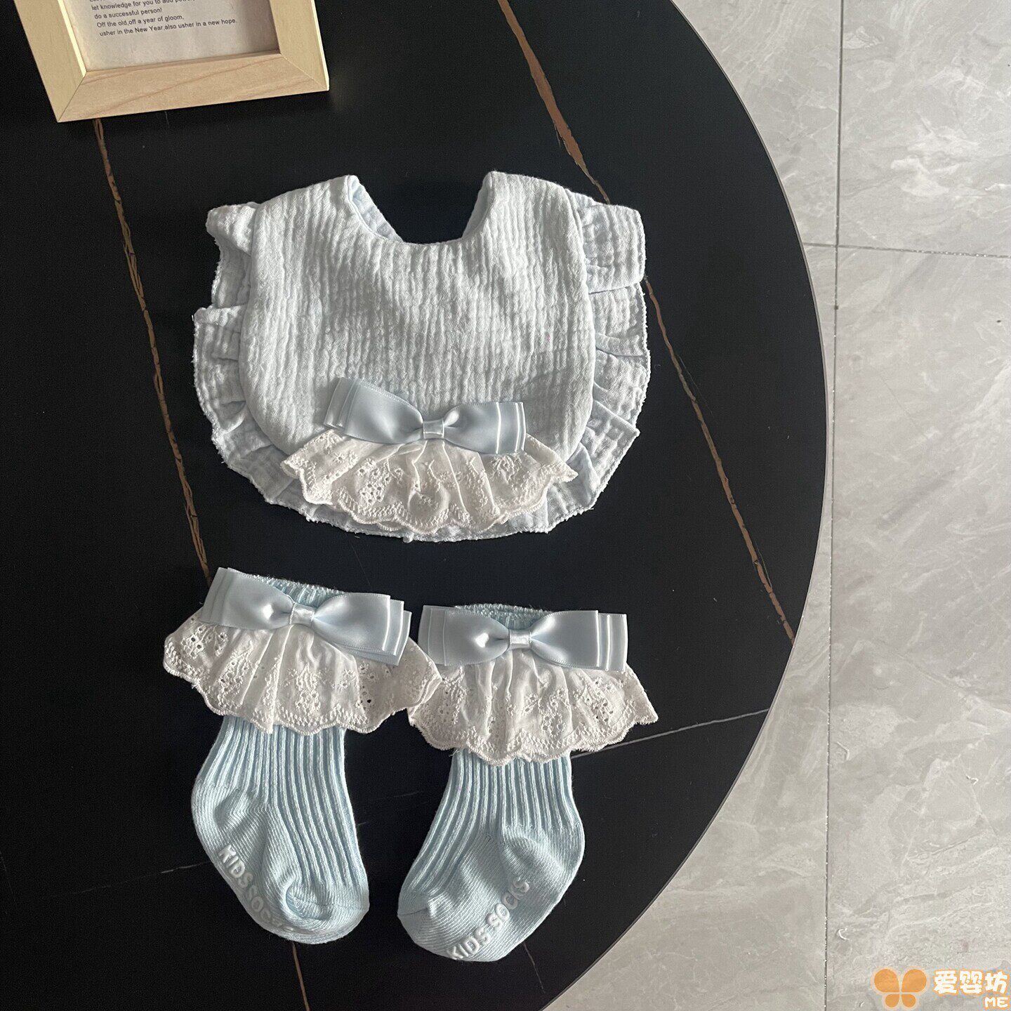 婴儿围嘴袜子套装纯棉纱布口水巾蕾丝花边蝴蝶结宝宝围兜中筒袜