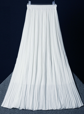 雪纺百褶裙半身裙2024夏季新款女黑白色高腰中长款垂感大摆长裙子