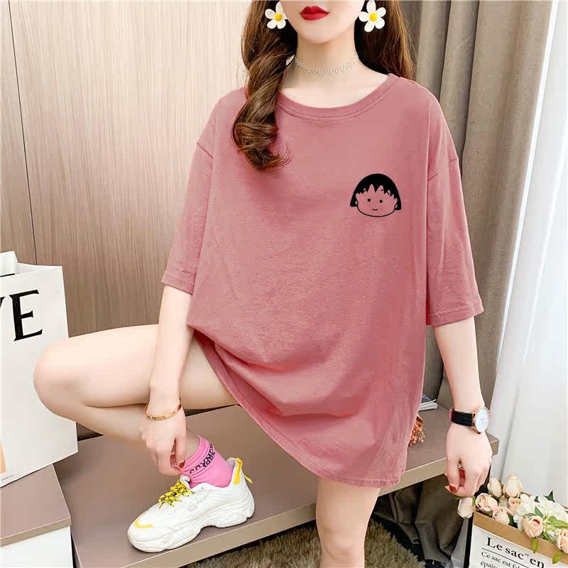 Real shot cotton medium length loose oversize summer dress 9 colors Korean Short Sleeve T-shirt for women