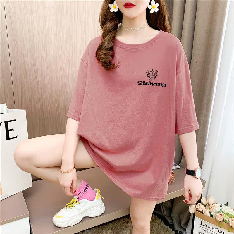 Real shot cotton medium length loose oversize summer dress 9 colors Korean Short Sleeve T-shirt for women