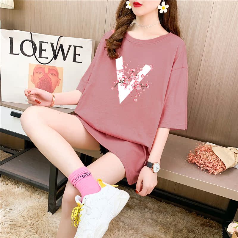 Real shooting 26 pieces of cotton medium length loose oversize summer student casual Korean Short Sleeve T-shirt for women